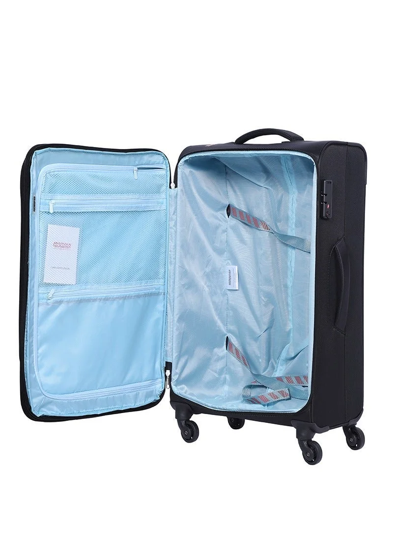 AMERICAN TOURISTER black Marina Suitcase, Check-In Size 70 cm / 26 inch, 4 Spinner Wheels, Soft Top, 100% Polyester, Black|Inner Mesh Zippered Pocket|Expandable|TSA Lock|Voluminous Front Pocket - 3 Years International Warranty  | Best Price UAE